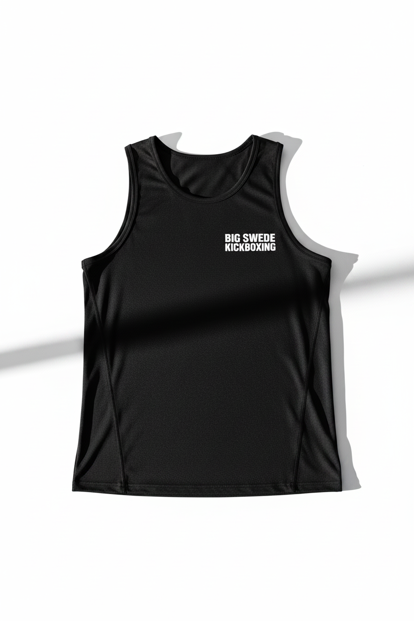 Black men's tank top with Big Swede Kickboxing logo on left chest