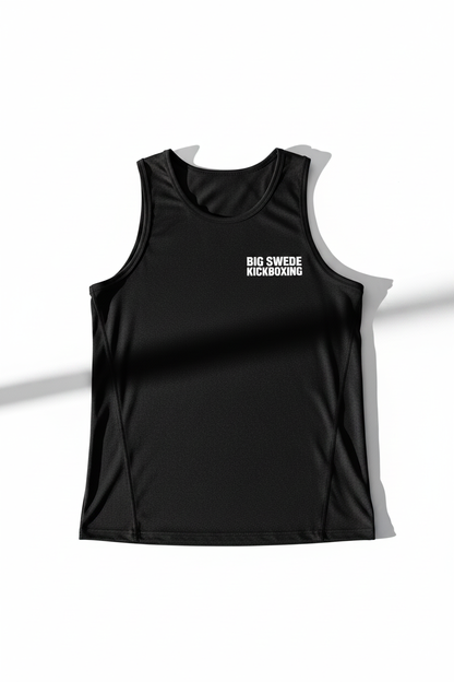 Black men's tank top with Big Swede Kickboxing logo on left chest