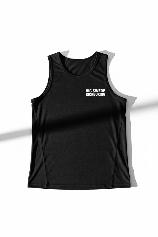 Black men's tank top with Big Swede Kickboxing logo on left chest